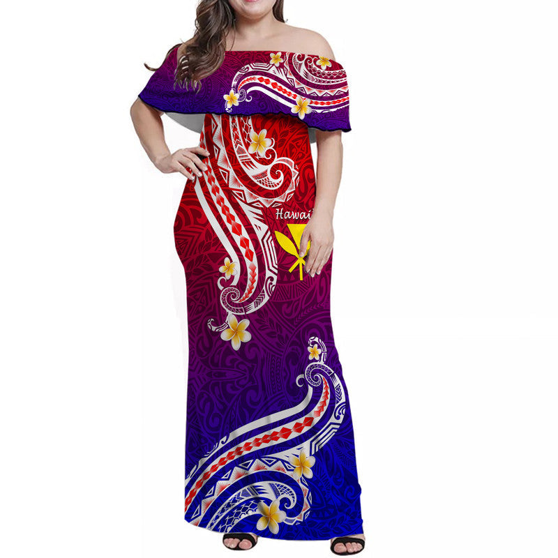 Off-shoulder long dress with purple-red-blue Polynesian print and floral accents