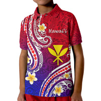 Gradient red-to-blue polo shirt on model, front floral and tribal print with Hawaii script