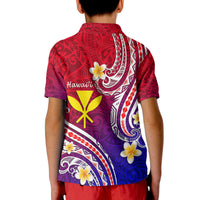 Gradient red-to-blue polo shirt, back view with large floral motifs and tribal pattern