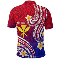 Gradient red-to-blue polo shirt, back has floral and tribal swirl print with Hawaii text