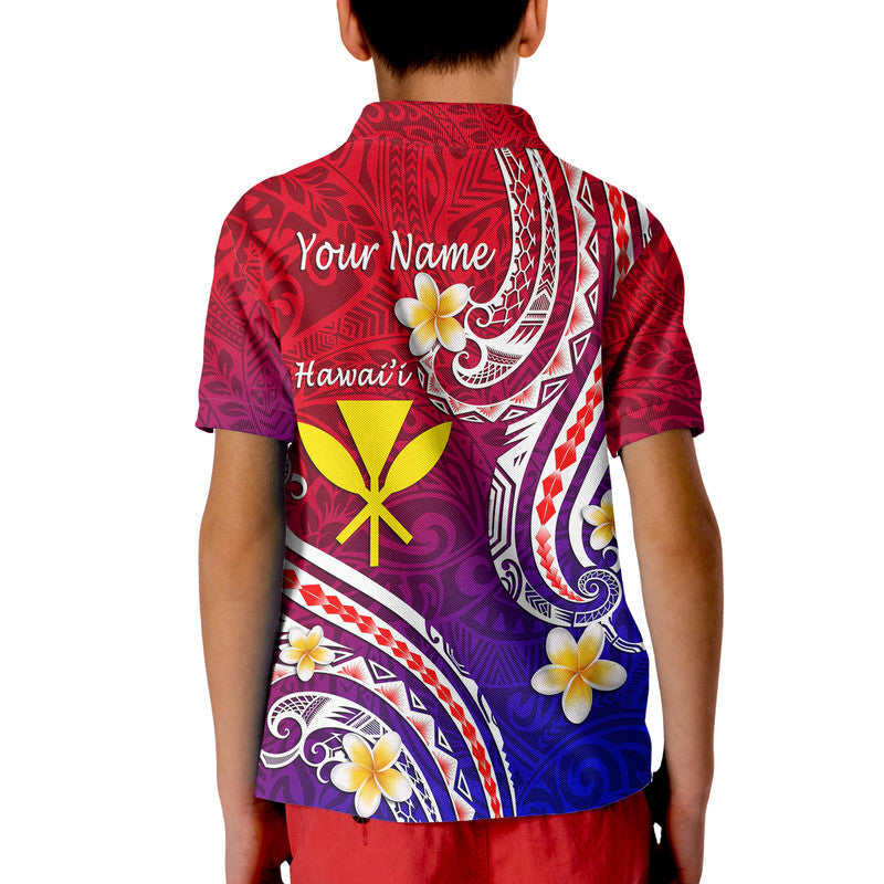Gradient Hawaii polo shirt back with Polynesian pattern, hibiscus flowers, Your Name