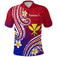 Gradient red-to-blue Hawaii-style polo shirt with floral and tribal print, button placket