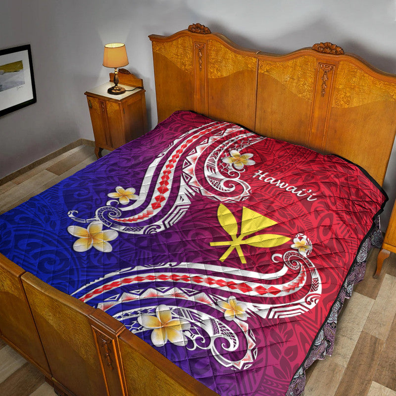 Quilt blanket with red and blue gradient, white paisley scrolls, and yellow flower-star motif