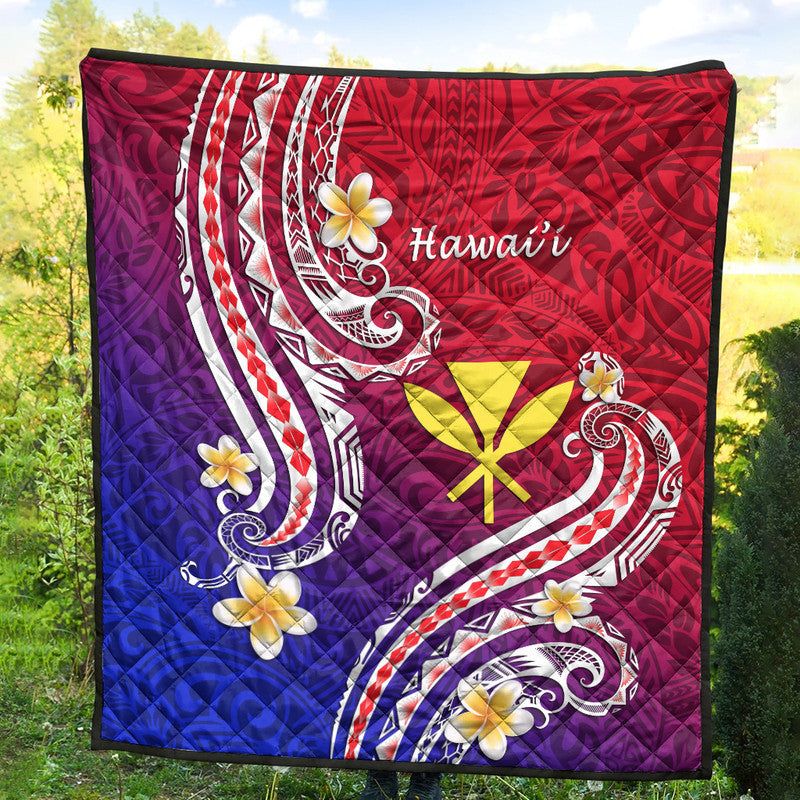 Quilt blanket with red, purple, and blue gradient, white scrolls, and yellow flower motifs