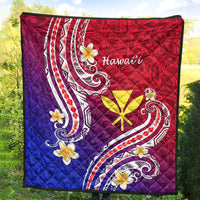 Quilt blanket with red, purple, and blue gradient, white scrolls, and yellow flower motifs