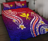 Quilt bed set with Polynesian motifs in purple-blue and red gradient; two matching pillow shams