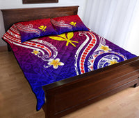 Quilt bed set with purple, red, and blue gradient; white curving patterns and yellow flower prints
