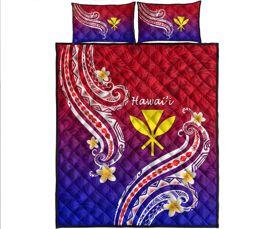 Hawaii quilt bed set with purple, red, blue gradient and white swirls; yellow flower accents