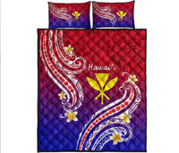Hawaii quilt bed set with purple, red, blue gradient and white swirls; yellow flower accents