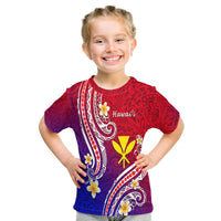 Kids T-shirt with red-to-blue gradient Polynesian line print and flower graphics