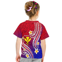 Kids T-shirt back with red-to-blue gradient Polynesian line print and flower graphics