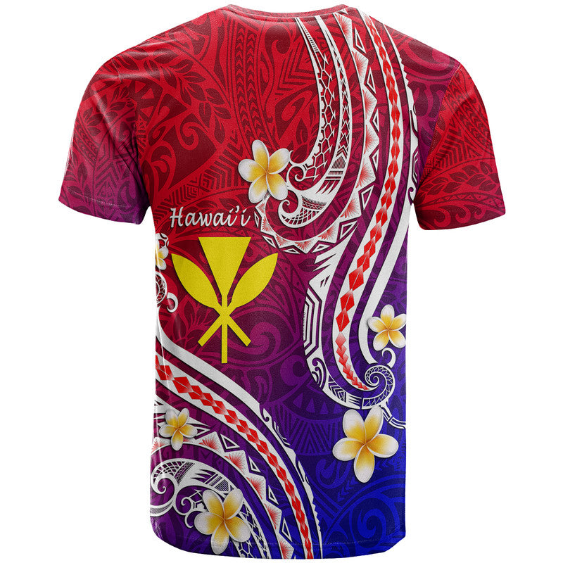 T-shirt back with red-to-blue gradient Polynesian line print, flowers, and white Hawaii text