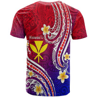 T-shirt back with red-to-blue gradient Polynesian line print, flowers, and white Hawaii text
