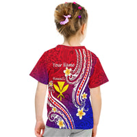 Kids red, purple & blue T-shirt back with white scroll lines, yellow symbol and flower motifs