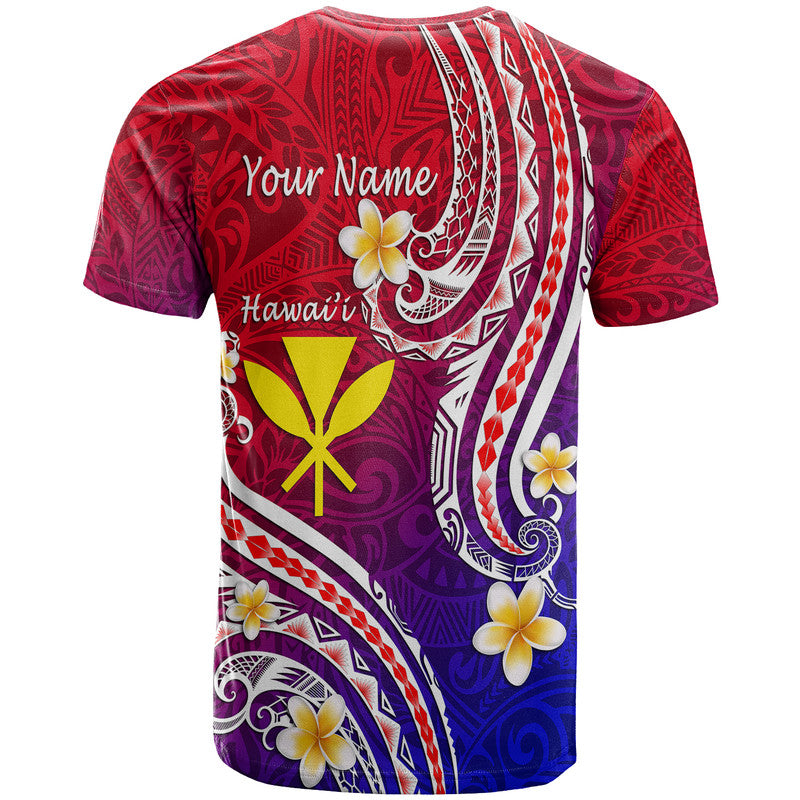 Red, purple & blue graphic T-shirt back with white scroll lines, yellow starburst and flowers