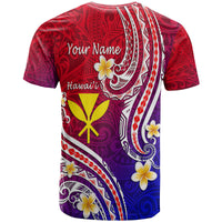 Red, purple & blue graphic T-shirt back with white scroll lines, yellow starburst and flowers