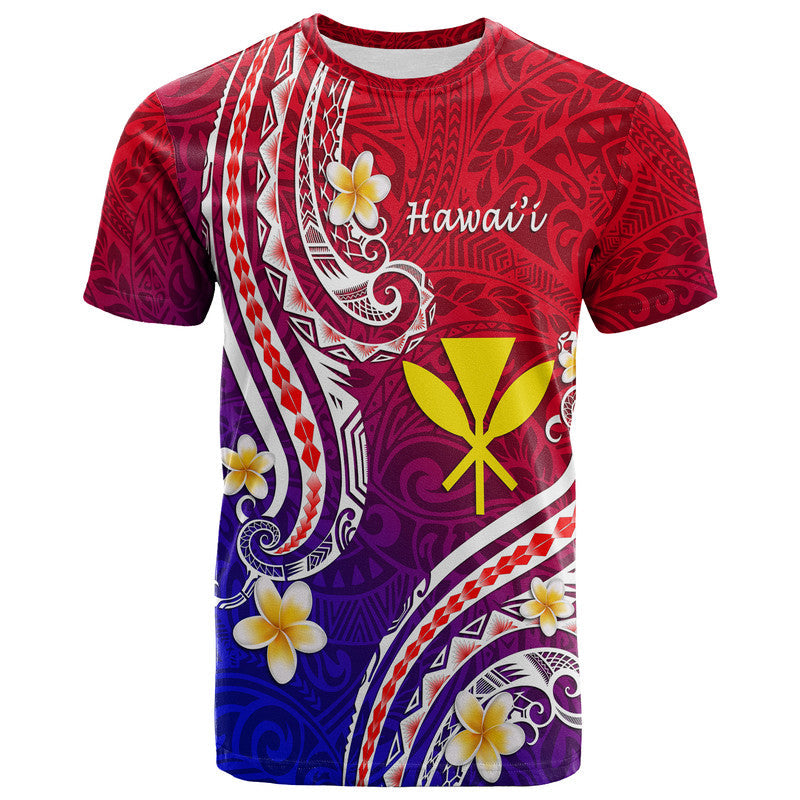 T-shirt with red-to-blue gradient Polynesian line print, flowers, and white Hawaii text