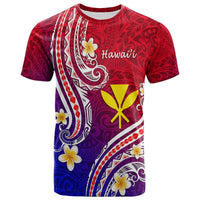 T-shirt with red-to-blue gradient Polynesian line print, flowers, and white Hawaii text
