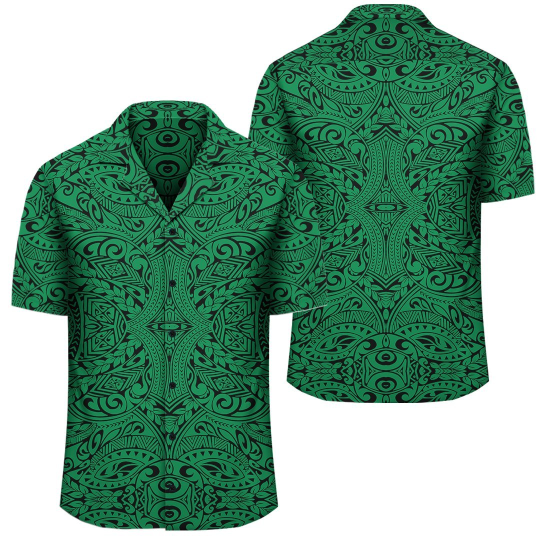 Green Hawaiian shirt with Polynesian-style tribal print, short sleeves and button front