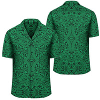 Green Hawaiian shirt with Polynesian-style tribal print, short sleeves and button front