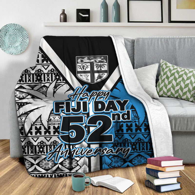 Happy Fiji Day and 52nd Anniversary throw blanket in black, white and blue tribal print