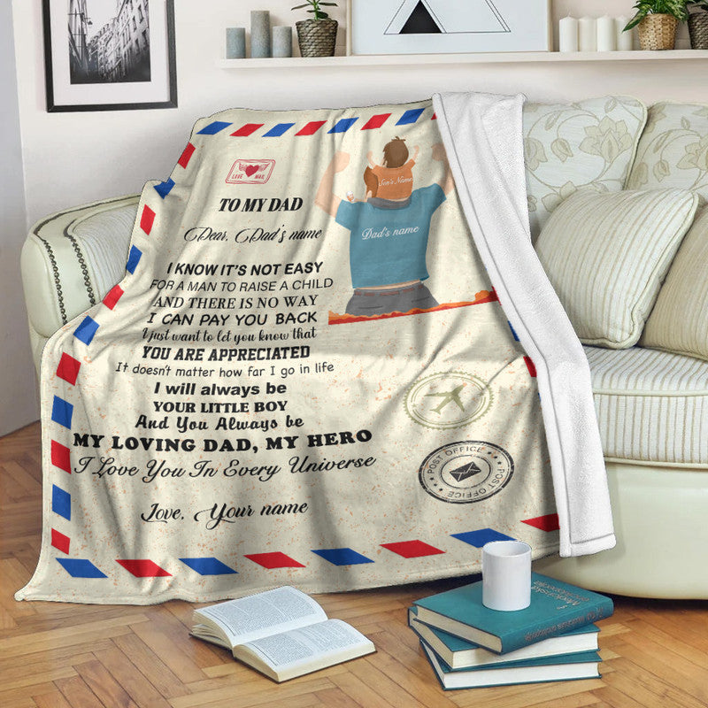 Beige personalized Father's Day blanket with son letter text and multicolor border