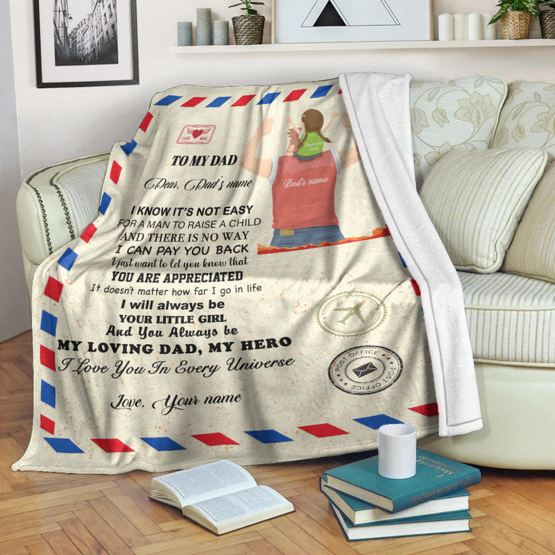 Beige blanket with blue-red stripe border and custom Father’s Day message, name printed