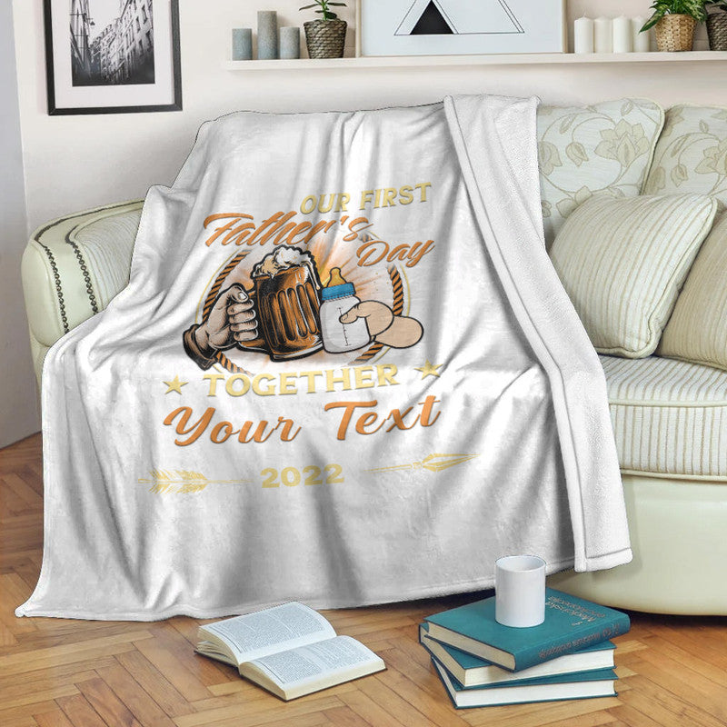 White premium blanket with “Our First Father’s Day Together” text and beer mug graphic