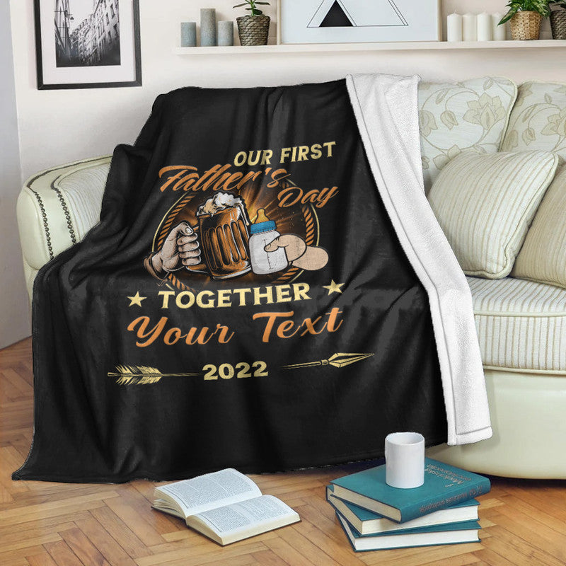 Black premium Father’s Day blanket with beer mug graphic and “Our First Father’s Day” text