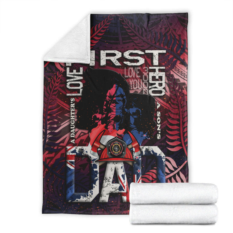 Firefighter dad red blanket with FIRST text, helmet graphic, and black-red leaf pattern