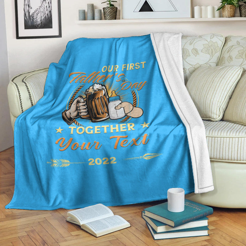 Blue blanket: “Our First Father’s Day Together” text with 2022 on the fabric