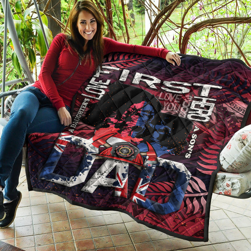 Firefighter dad quilt featuring UK flag, red/navy Maori waves and LOVE text, quilted finish