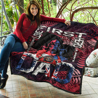 Firefighter dad quilt featuring UK flag, red/navy Maori waves and LOVE text, quilted finish