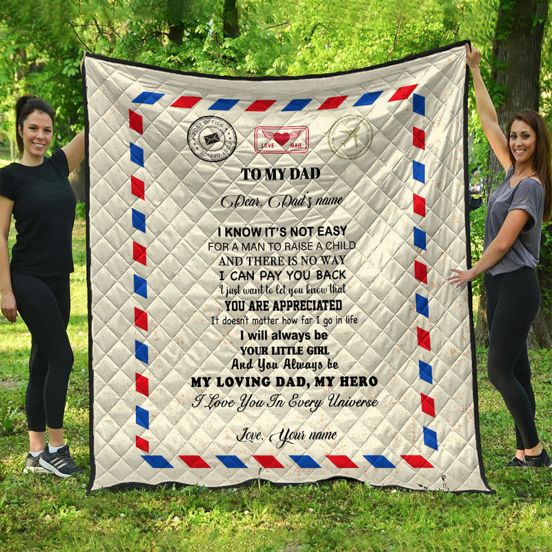 Beige quilt with dad message and red/blue heart mail stamps