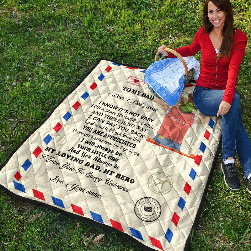 Beige personalized quilt with “To my Dad” letter text, red/blue border