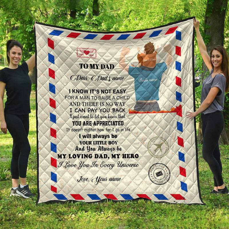 Beige Quilt mit Text „To My Dad“, karomusterrand rot/blau und Herz-Applikation