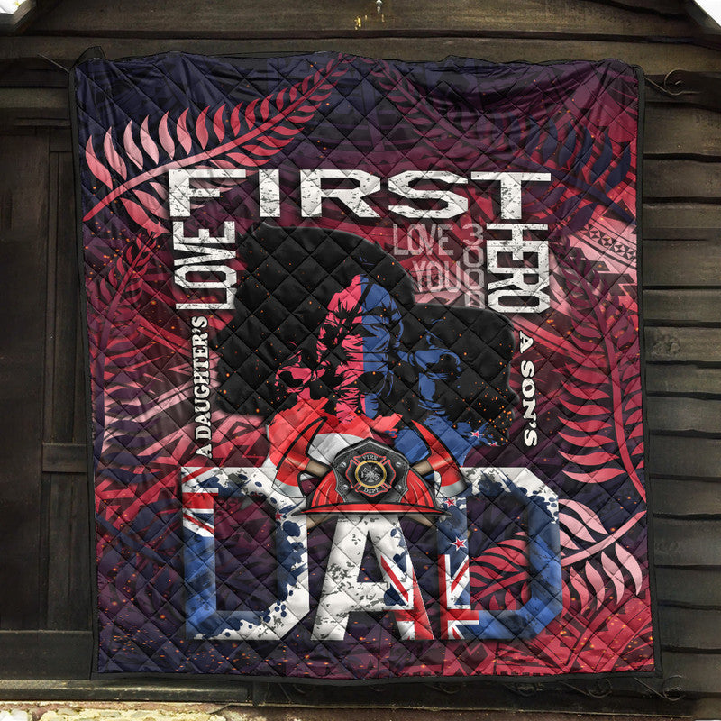 Premium quilt: firefighter dad Maori pattern with UK flag, red/blue emblems, quilted diamonds