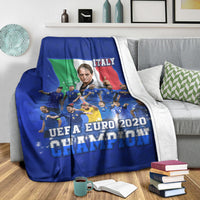 Blue Italy UEFA Euro 2020 Champions blanket on a gray sofa with white throw border