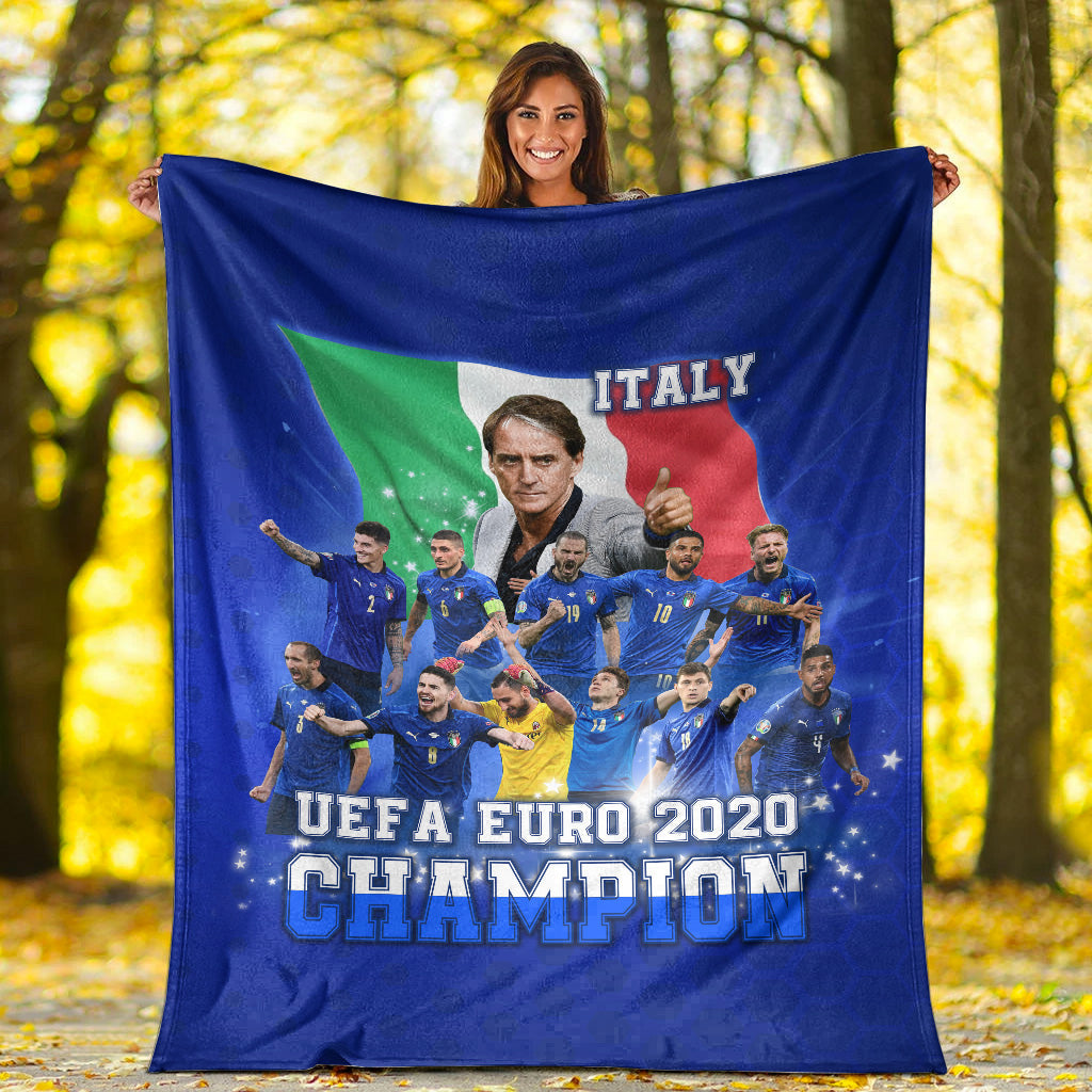 Blue Italy UEFA Euro 2020 Champions blanket outdoors with Italy flag banner and team