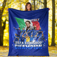 Blue Italy UEFA Euro 2020 Champions blanket outdoors with Italy flag banner and team