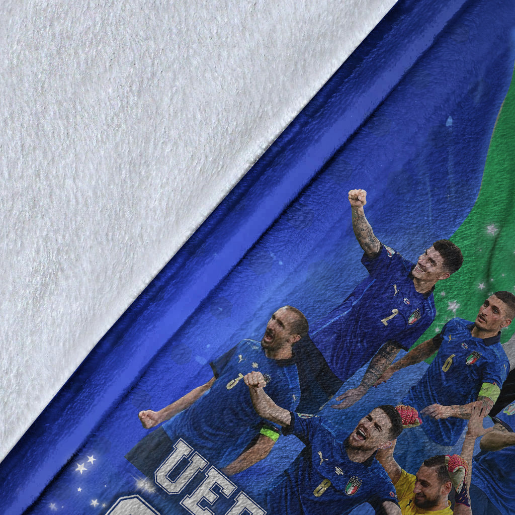 Close-up of blue Italy UEFA Euro 2020 Champions blanket fabric with player image details