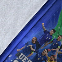 Close-up of blue Italy UEFA Euro 2020 Champions blanket fabric with player image details