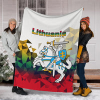 Lithuania white blanket with centered knight and sword over green-yellow polygons and red base