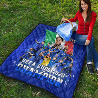 Blue quilt blanket draped on grass showing Italy flag and 'EURO 2020 CHAMPION' title