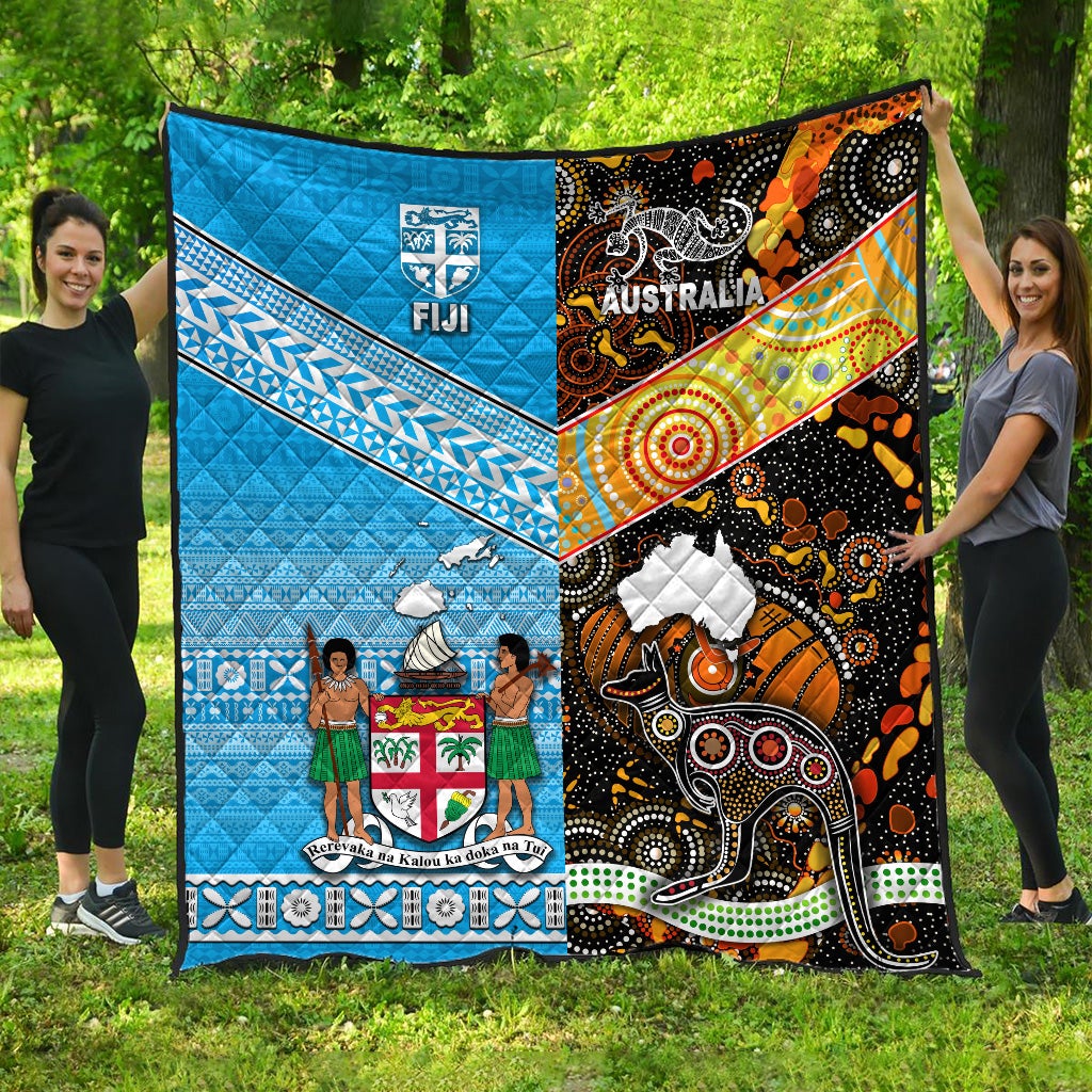Blue Australia & Fiji quilt with blue, black, orange patterns and diamond stitching