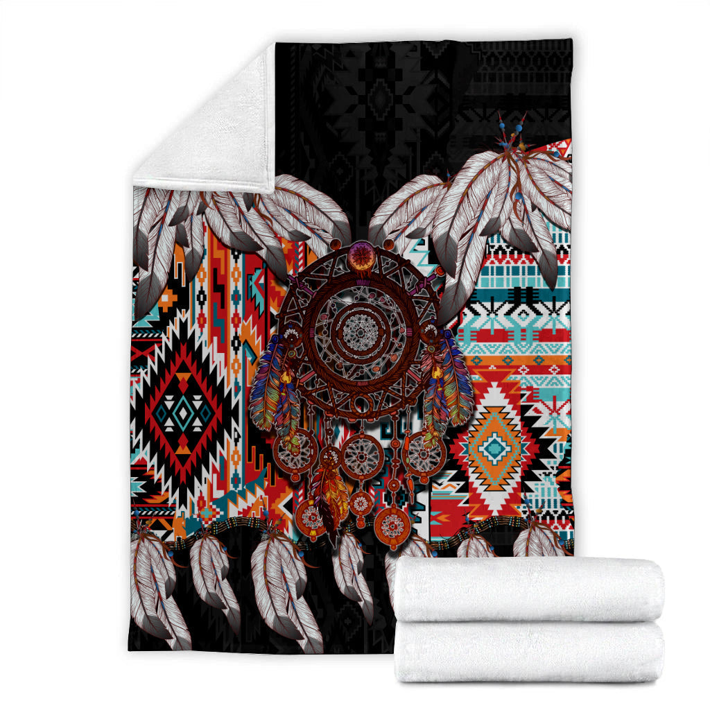 Dreamcatcher blanket with rolled white towels set, black backing and colorful central circle