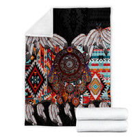 Dreamcatcher blanket with rolled white towels set, black backing and colorful central circle