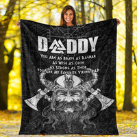 Black throw blanket with Viking dad lettering, Odin rune pattern, and bearded warrior face