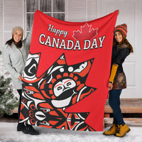 Canada Day blanket in red with large bird artwork and 'Happy CANADA DAY' lettering