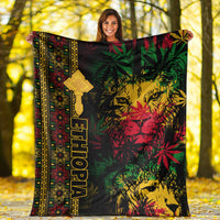 Lion reggae premium blanket spread on ground, black lion portrait with multicolor Ethiopian cross
